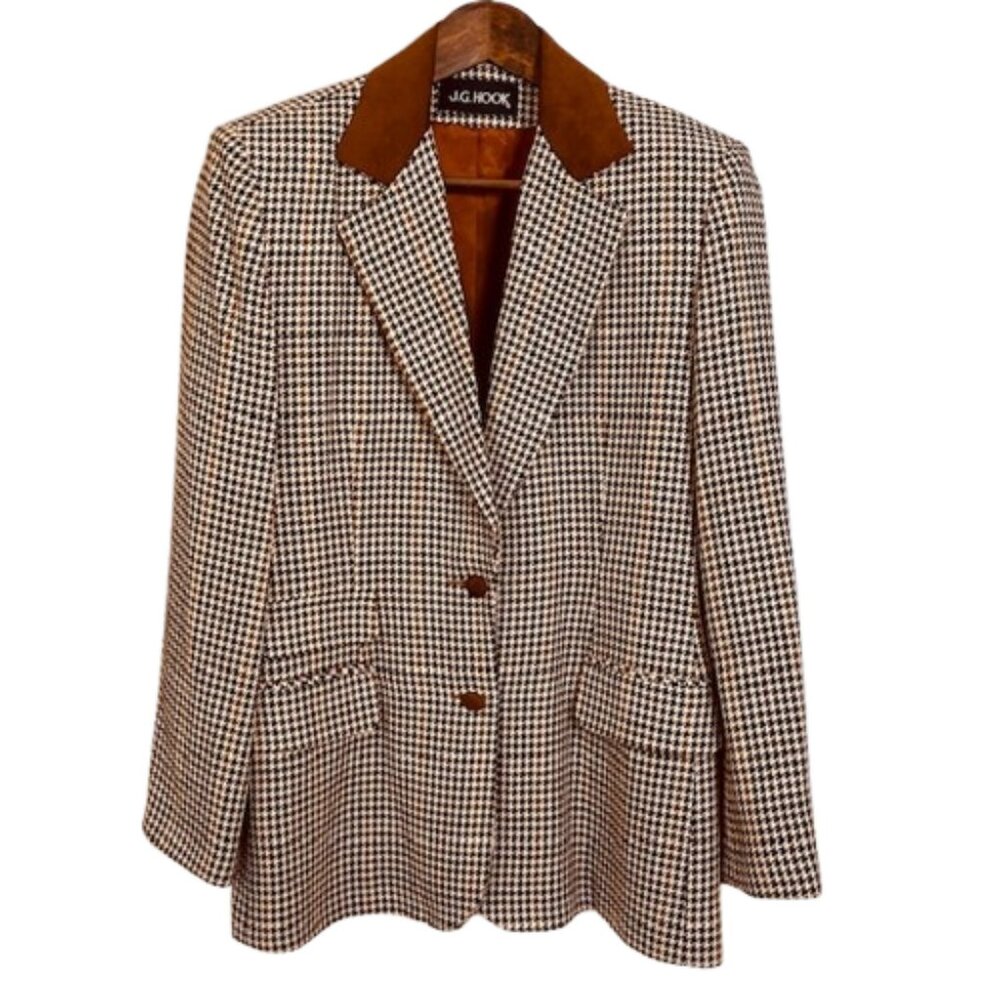 J.G. Hook Brown Houndstooth Blazer with Suede Collar